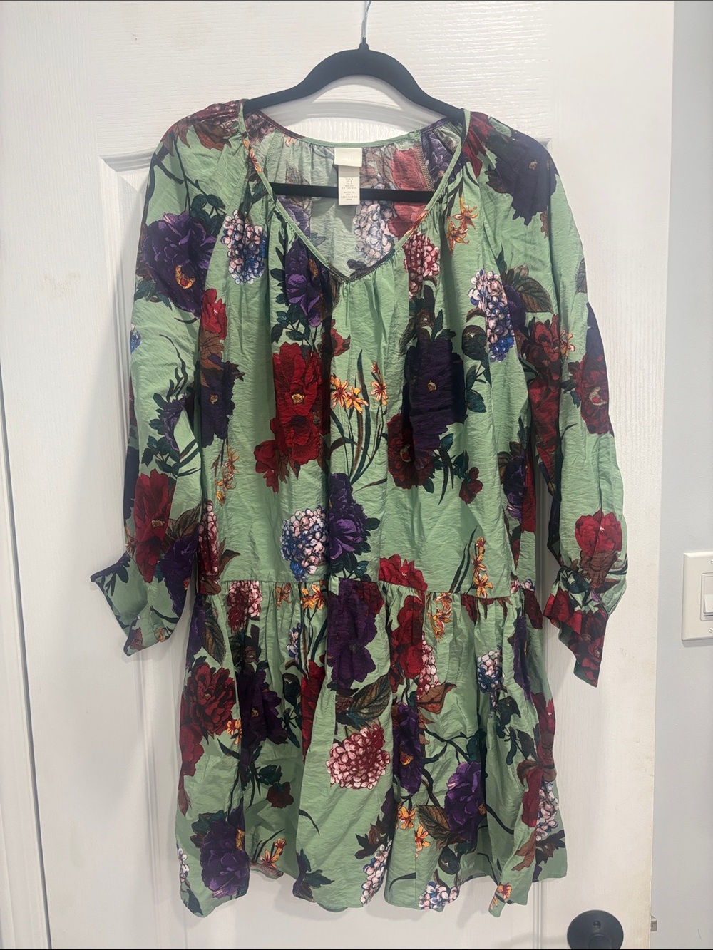 H&M Green Floral Tiered Dress with Red and Purple Blooms